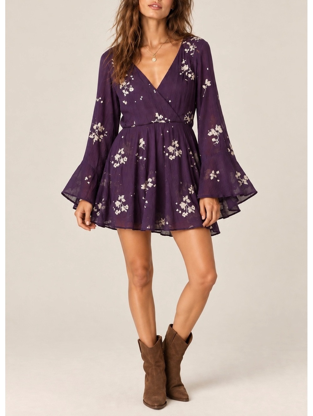 Free People Jasmine Embroidered Mini Dress Purple Bell Sleeve Boho Size 12
